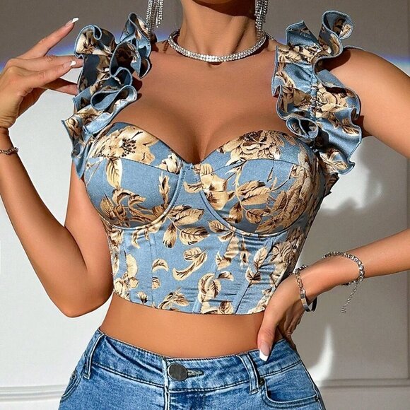 Tops - Dusty Blue Boho Women's Leaf Print Ruffle Trim Bustier Wide Straps Crop Top